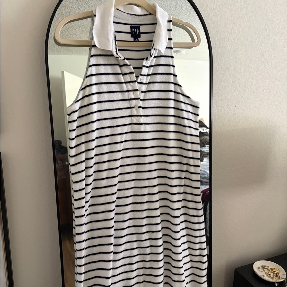 GAP White & Navy Striped Sleeveless Polo Dress